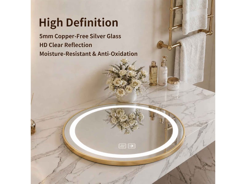  Miroir de salle de bain led 60 cm rond bordure dorée avec sangle anneau lumineux intégré verre sécurit tactile anti-buée  - Conforama E