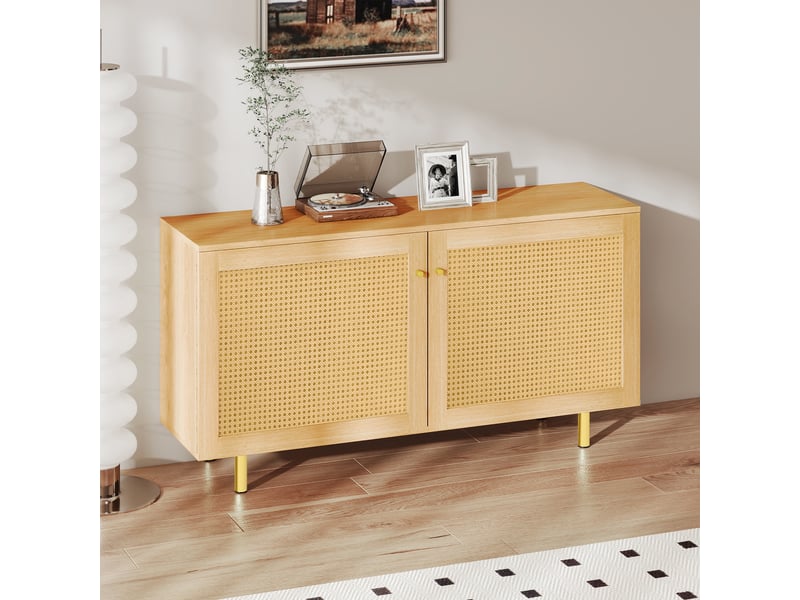 Buffet 2 portes avec étagère et façades en rotin - lpospi - pieds métal doré, mdf décor bois naturel 120 × 40 × 63 cm - Conforama B