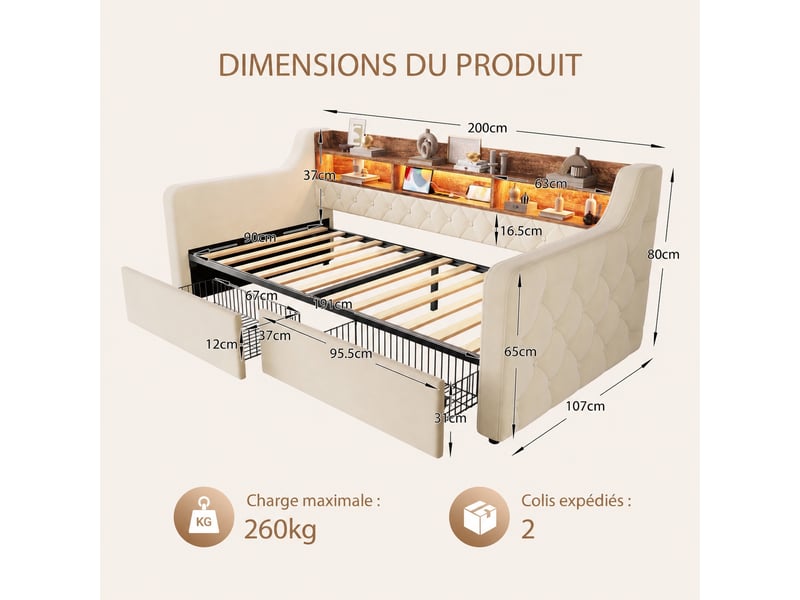  Lit une place en velours beige avec rangement, led 16 couleurs, usb et usb-c, 2 tiroirs, 90x190  - Conforama C