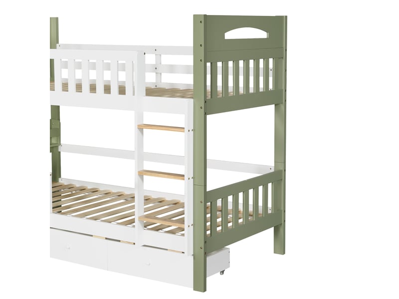  Lit superposé enfant 90x200 cm avec échelle, 3 tiroirs, bois et mdf, couleur blanc et vert sans matelas, design simple  - Conforama E
