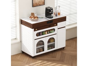 Îlot de cuisine sur roulettes avec table extensible et multiprises encastrées – verre strié, buffet blanc et noyer