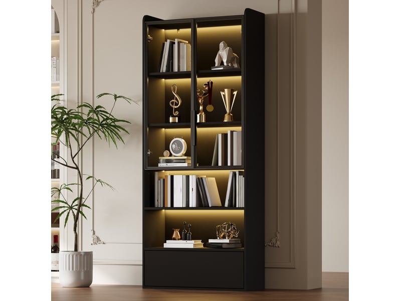  Vitrine 80x34x180 cm, led, espace de rangement, porte en verre, 1 tiroirs, bibliothèque, salon, en verre et mdf, noir  - Conforama B