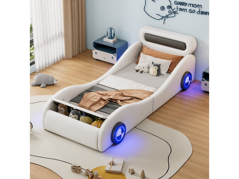  Lit voiture avec rangement 90 × 200 cm, pu et mdf, roues lumineuses par appli, coffre au pied, sans matelas, blanc  - Conforama D