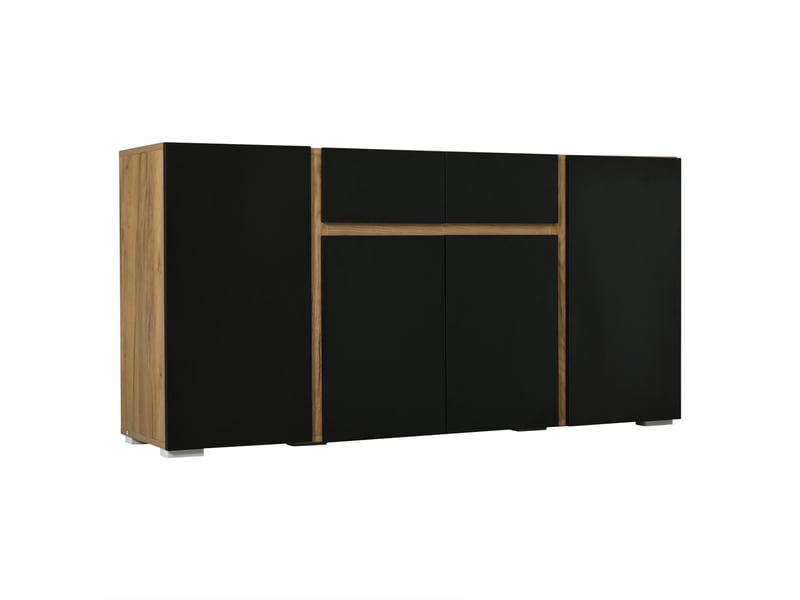  Buffet moderne 140 cm noir et bois en mdf, 4 portes, 2 tiroirs et étagères réglables, faible profondeur 35 cm  - Conforama A