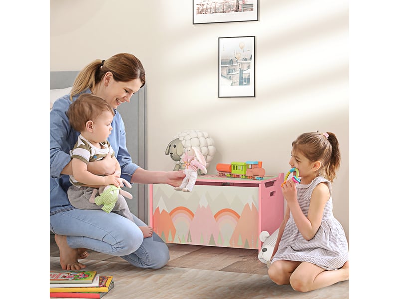 Coffre à jouet enfant coffre de rangement enfant couvercle rabattable motif de forêt coins arrondis 60 x 37 x 39 cm rose - Conforama B