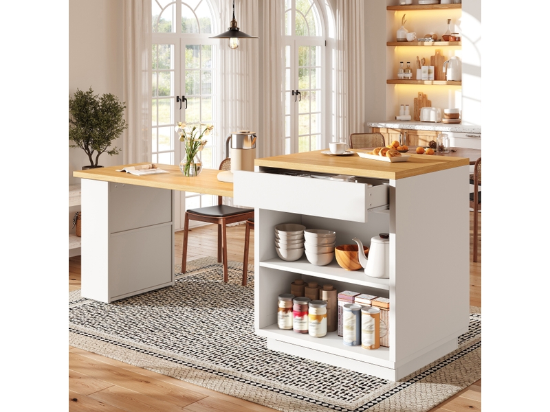  Îlot de cuisine table extensible 122–194,5 cm - 2 tiroirs et façades vitrées - led rvb avec application - mdf - blanc CozyNest - Conforama E