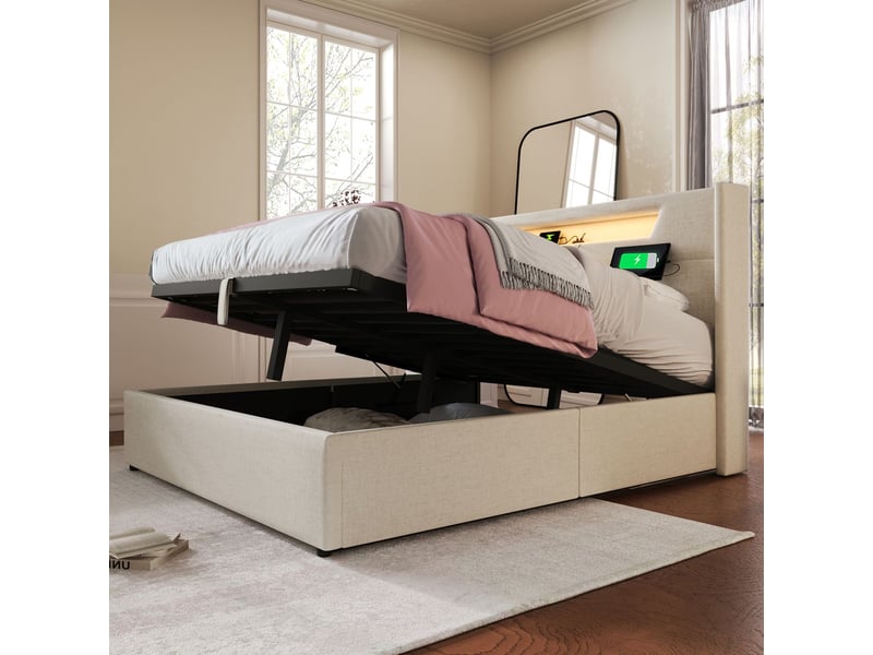  Lit coffre 140x200cm avec matelas led port usb type-c - lit rembourré - tissu lin beige sommier relevable grand espace rangement  - Conforama B