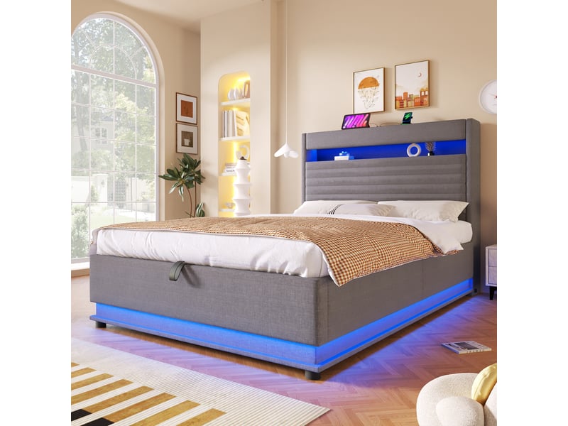 Lit coffre 140x200 cm, lit double, rangement hydraulique, led, lin gris, usb et usb-c  - Conforama W