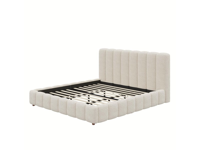 Lit double 180x200 cm blanc en tissu bouclé, sommier à lattes et tête de lit rembourrée, pieds en bois - Conforama D