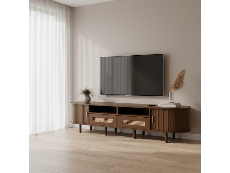  Meuble tv ovale effet noyer foncé 2 tiroirs rotin et 2 portes coulissantes 170x40x40 cm  - Conforama B