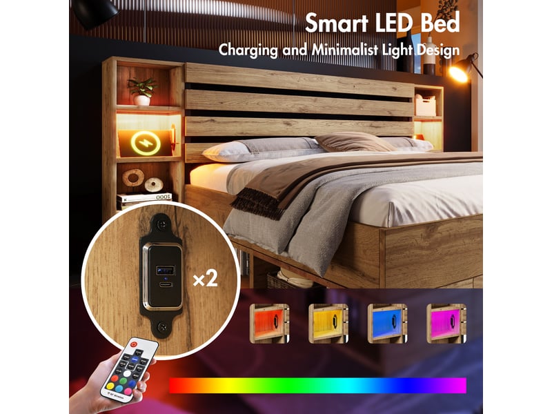 Lit double 160x200 cm avec rangements, tête de lit avec étagères, led, usb et usb-c, 2 tiroirs, sommier à lattes - effet chêne - Conforama D