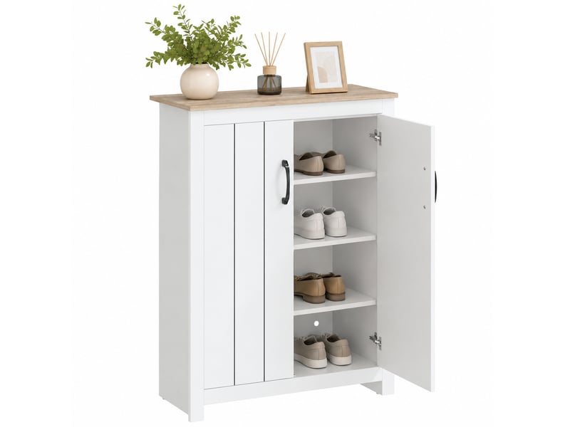  Meuble à chaussures 2 portes 4 niveaux 12 paires coloris chêne et blanc 80x32,8x105 cm  - Conforama A
