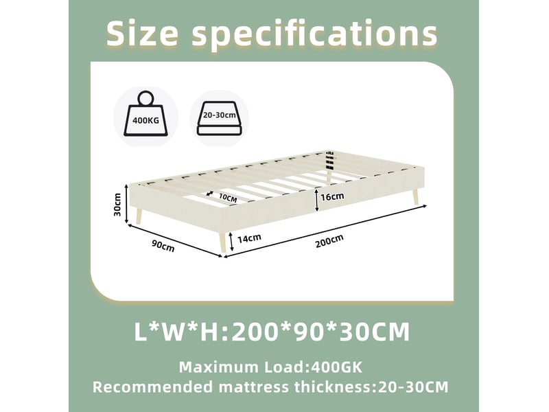  Lit enfant 90 × 200 cm 1 place avec tête de lit cartoon, sans matelas, pieds en bois naturel, tissu et métal beige  - Conforama D