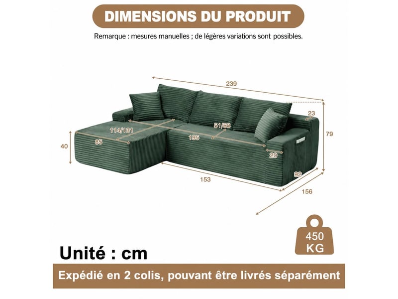  Canapé d’angle en l, velours côtelé, ensemble bas luxueux, mousse, gauche, chambresalon, 79x239x156 cm, vert  - Conforama C