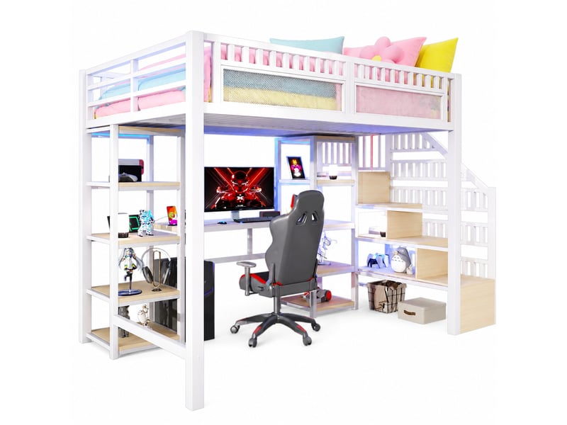  Lit mezzanine enfant 140 x 200 cm blanc avec bureau, rangements, led et usb  - Conforama A