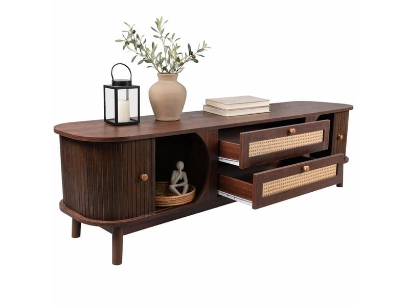  Meuble tv en bois 170 x 39,5 x 46 cm avec 2 portes et 2 tiroirs en rotin meubles de salon moderne, console tv  - Conforama A