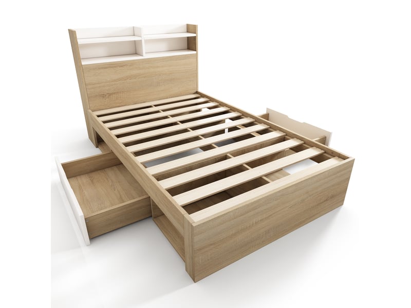 Lit enfant 90x200 cm – blanc et chêne – rangement latéral, tête de lit à 4 niches – sans matelas - Conforama D