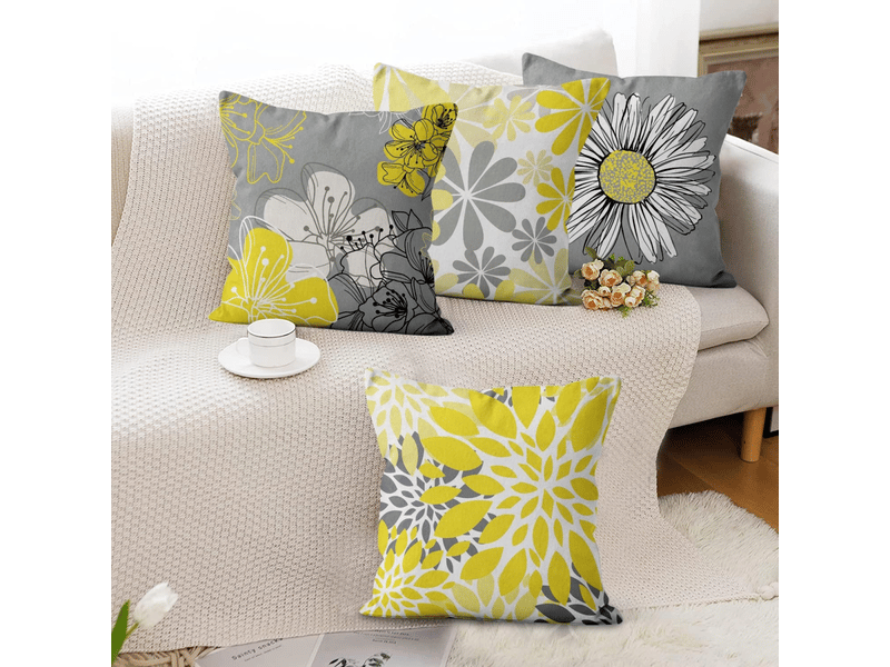  Housse de coussin jaune 45 x 45 cm set de 4, jaune et gris fleurs décoratives taies d'oreiller moderne marguerite ferme boho housse de coussin en lin Home cushion cover - Conforama B