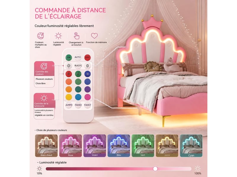  Lit jeune fille 90x200 cm cadre de lit rembourré simili cuir pu, tête de lit couronnée réglable, éclairage led rgb tête + sous lit, lit princesse pour chambre enfant  - Conforama C