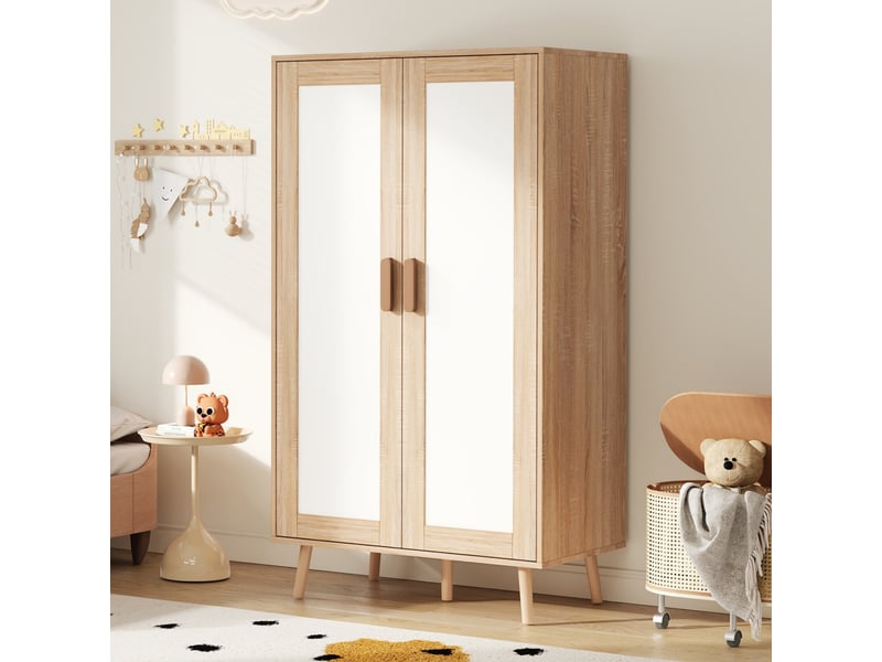  Armoire 2 portes avec penderie, rangement compact pour chambre et chambre d’enfant, finition blanc et effet bois naturel, meuble moderne et pratique, design moderne OPULERANE TRADING LTD - Conforama E