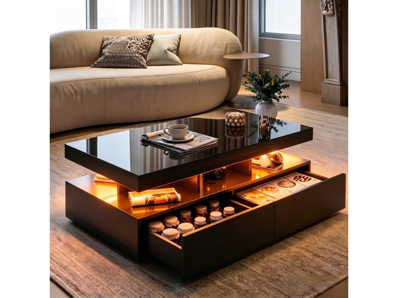 Table basse fixe able – basse laquée noire – table basse led avec 2 grand tiroir de rangement et compartiment – grand espace de rangement  - Conforama B