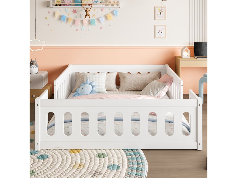  Lit plateforme 140x200 en bois massif blanc avec barrière de sécurité - design au sol  - Conforama D