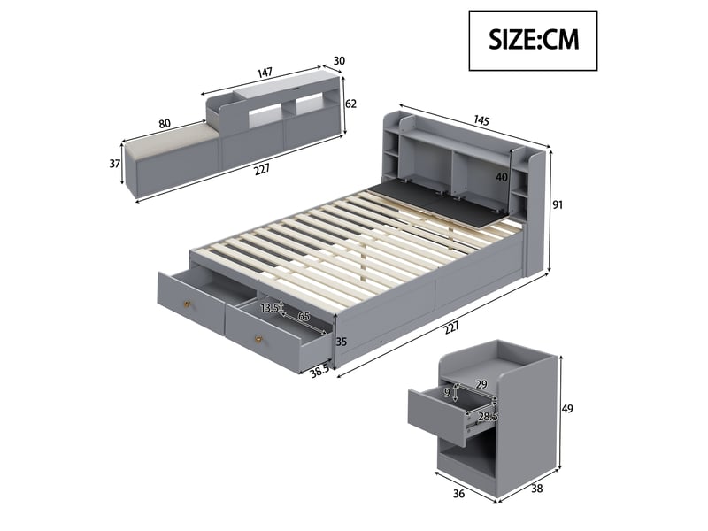  Lit combiné en bois gris 140x200 cm  - Conforama C