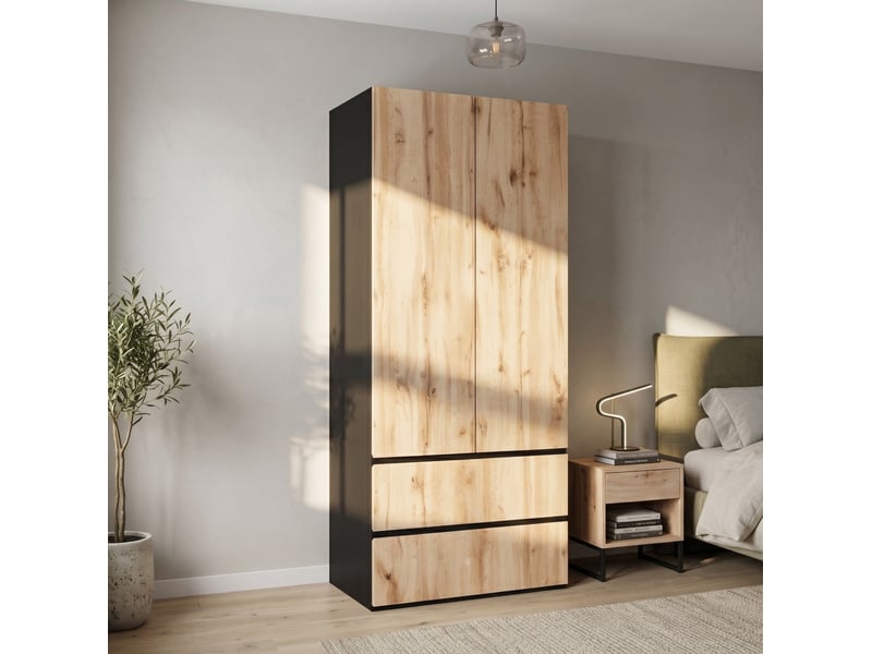  Armoire 90x50x200 cm avec 1 barre de penderie, 2 tiroirs et 2 portes, mdf et panneau de particules, bois, chambre déco  - Conforama E