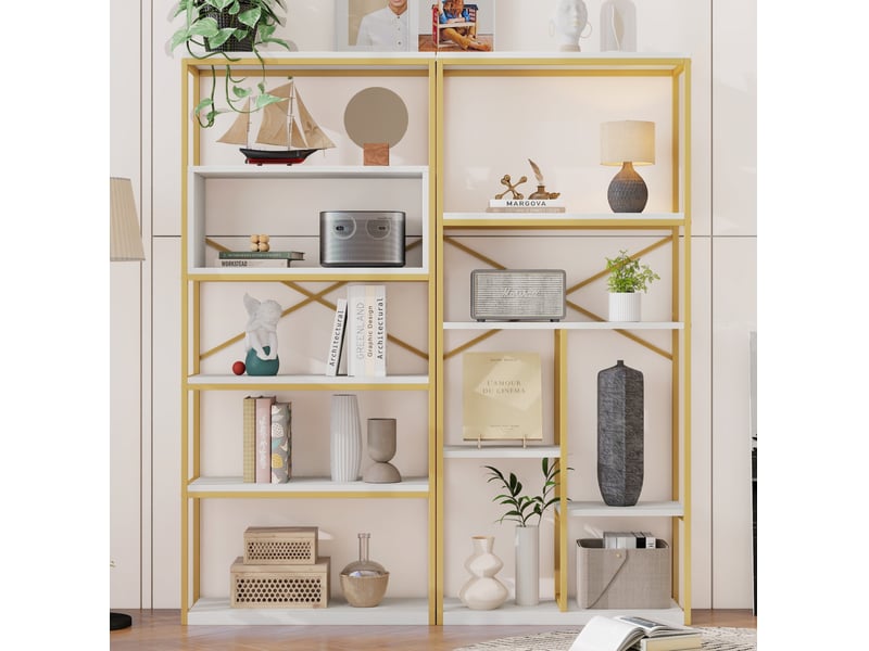  Bibliothèque 160 x 29,5 x 180 cm doré et blanc en mdf et métal, rangement ouvert moderne pour livres et déco  - Conforama B