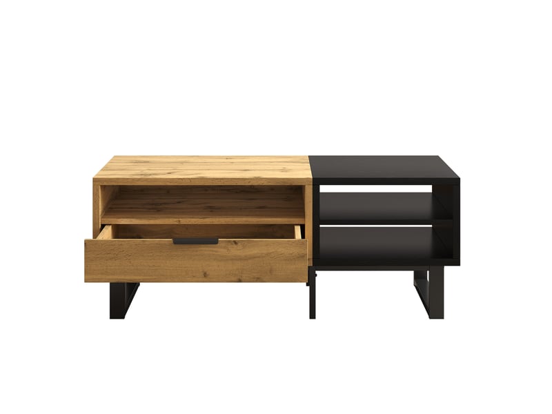 Table basse, table de salon avec structure color block, avec compartiments et tiroirs, pieds en métal.  - Conforama E