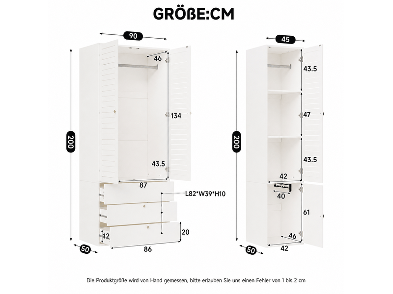 Armoire 3 portes à lamelles avec 3 tiroirs, 2 tringles et porte-pantalons, blanc, 135 × 50 × 200 cm - Conforama E