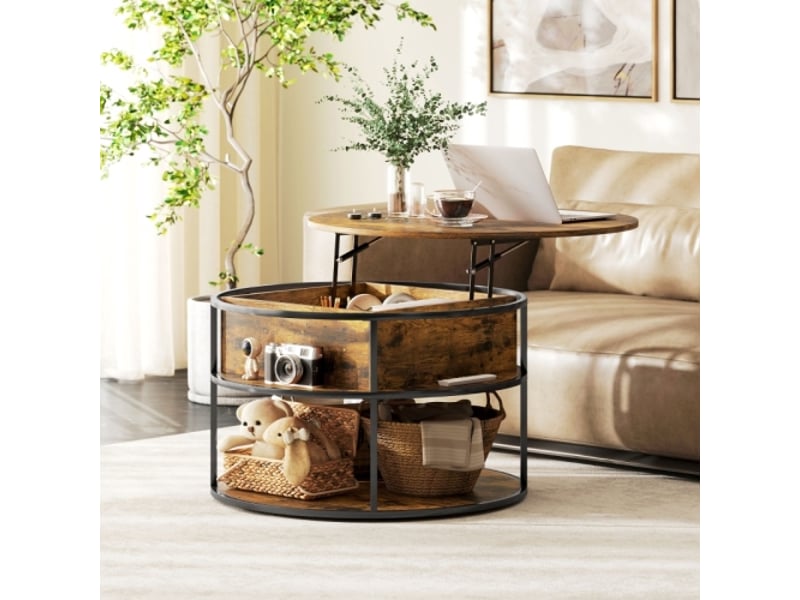  Table basse ronde réglable en hauteur – ø80 cm, étagère et rangement caché, brun  - Conforama B