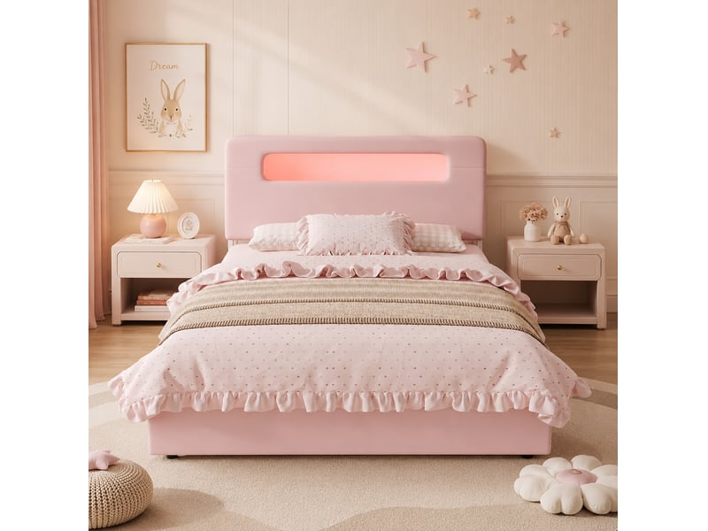  Lit avec rangement enfant 140x200 cm en velours rose avec 4 tiroirs et éclairage led  - Conforama E