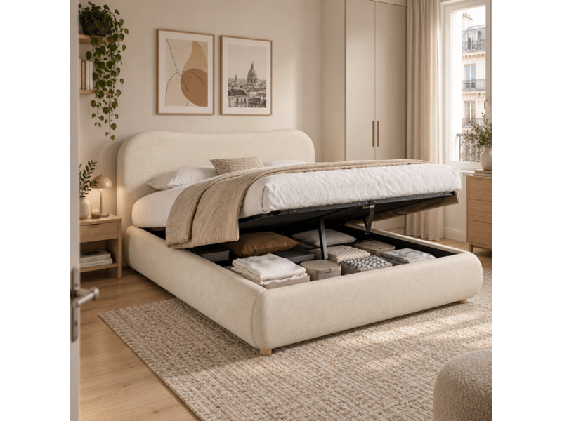  Lit coffre 160x200 cm, ouverture hydraulique, sommier à lattes, tête de lit rembourrée, pieds bois massif, chenille beige  - Conforama D