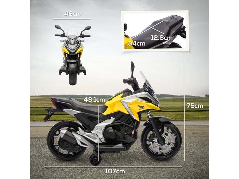 Moto électrique honda sous licence pour enfants de 3 à 6 ans, double moteur 12 v, roues, vitesse maximale de 3 kmh, poids maximal de 30 kg, jaune - Conforama E