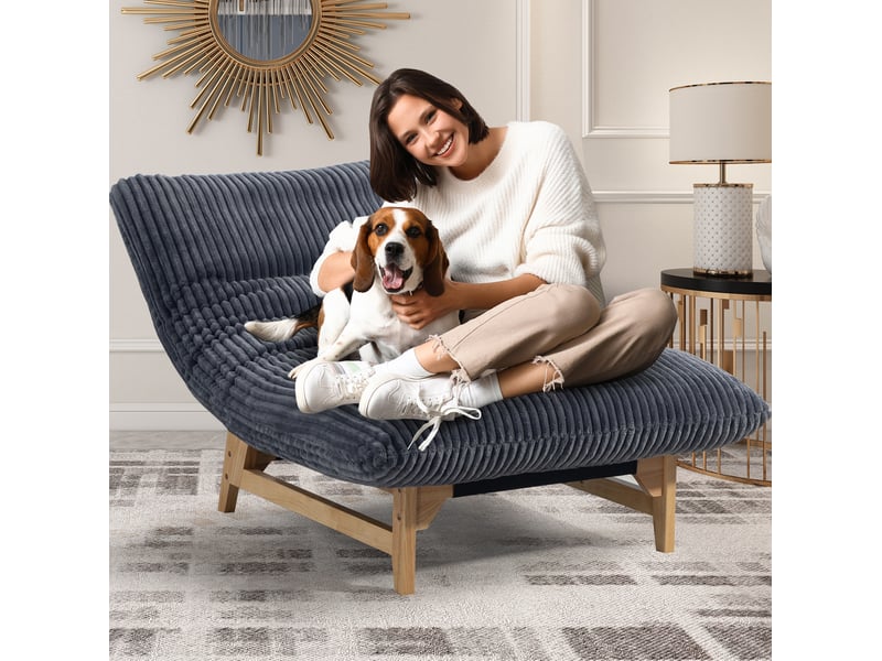 Fauteuil pouf avec dossier ergonomique et assise moelleuse pour salon et chambre en tissu côtelé gris - Conforama D