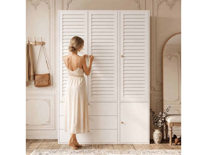 Armoire blanche 3 portes à lamelles 135 x 50 x 200 cm, 1 porte-pantalon, 2 tringles et 3 tiroirs, pour chambre, chambre d’enfant et bureau - Conforama E