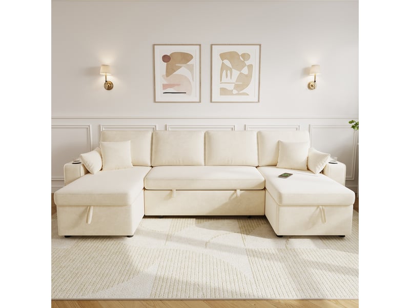 Canapé d'angle modulable 270x125x86 cm en u convertible en lit gigogne, rangements, double méridienne, usb, porte-gobelet, tablette - beige Bliss Lite - Conforama B