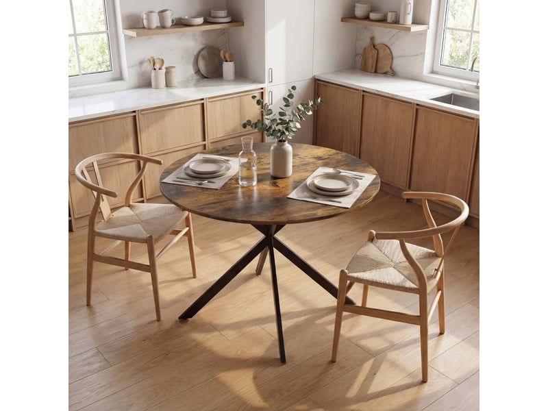  Table à manger ronde, 100 cm, 4 personnes style industriel en x, plateau bois, piètement acier, coloris marron rustique  - Conforama D