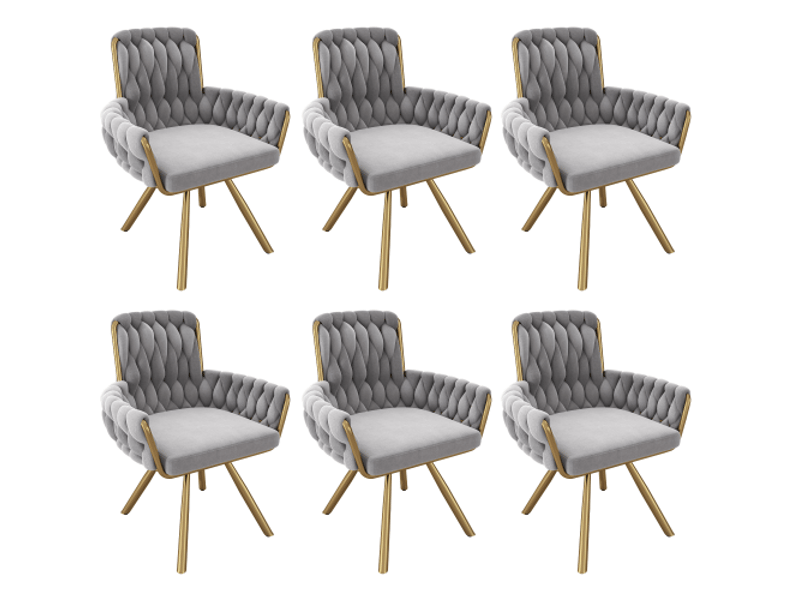 Lot de 6 chaises de salle à manger en velours, pivotantes à 360 degrés, avec quatre pieds en métal doré, gris  - Conforama A
