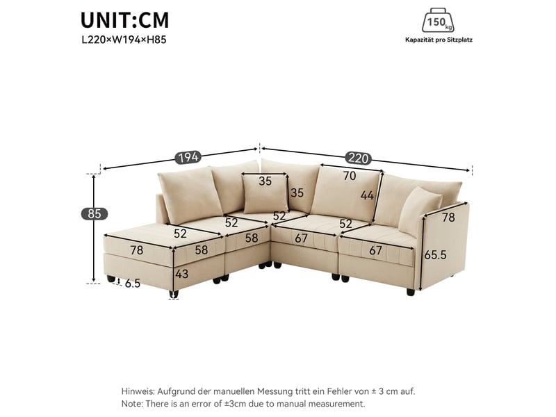 Canapé d’angle modulable 5 places beige avec pouf mobile en tissu aspect lin - Conforama E