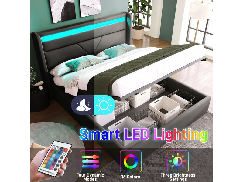  Lit coffre hydraulique 160 x 200 cm avec tête de lit led et télécommande, pu gris  - Conforama D