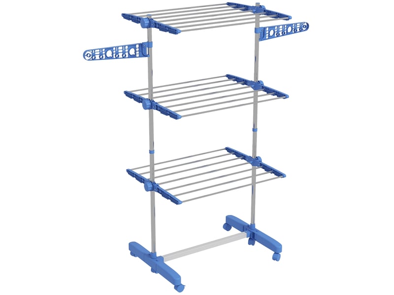  Séchoir à linge tour 142x55x152 cm – bleu – acier, 3 niveaux pliable avec roulettes et flancs réglables  - Conforama A