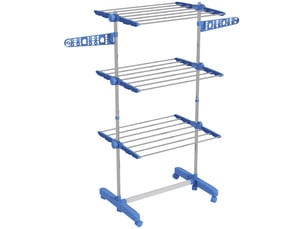 Séchoir à linge tour 142x55x152 cm – bleu – acier, 3 niveaux pliable avec roulettes et flancs réglables