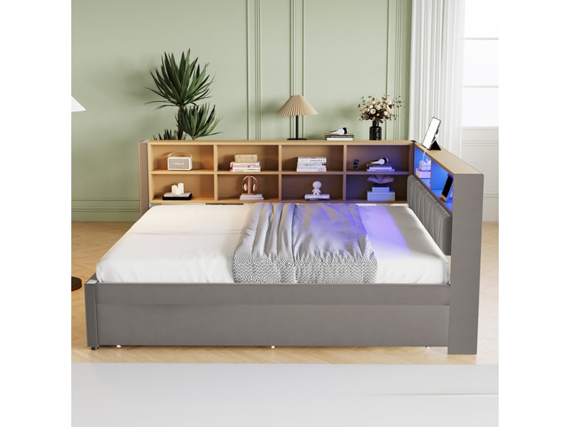  Canapé-lit simple 140x200 cm lit gigogne 90x190, prises électriques et compartiments de rangement gris foncé, équipé de lampes led  - Conforama D