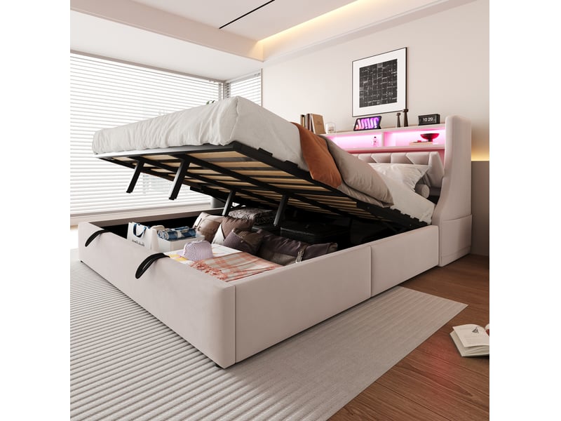  Lit double 180 × 200 cm coffre hydraulique avec tête de lit relevable, led, prises et rangements pour chambre, beige  - Conforama B