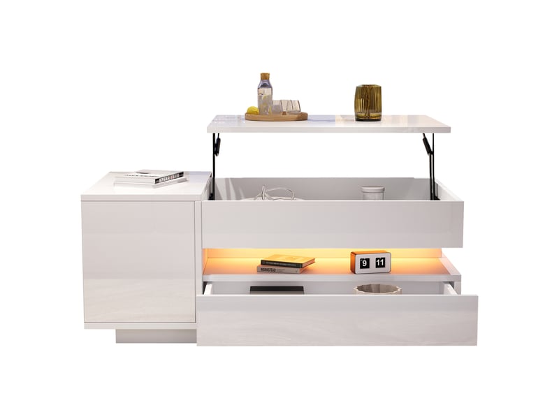  Table basse relevable blanche 95x50cm, table de salon avec led et plateau hydraulique, table basse avec rangement caché  - Conforama D