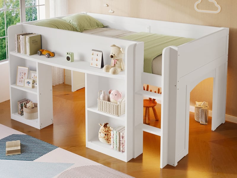  Lit mezzanine en bois, 90 x 200 cm, avec bibliothèque intégrée, espace de rangement et éclairage led multicolore sous le lit, blanc  - Conforama B