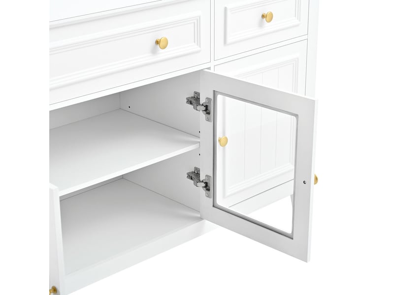  Commode 3 tiroirs et 4 portes, 160 x 40 x 78,5 cm, mdf avec portes vitrées, poignées en fer et éclairage led contrôlable par application, blanc  - Conforama E