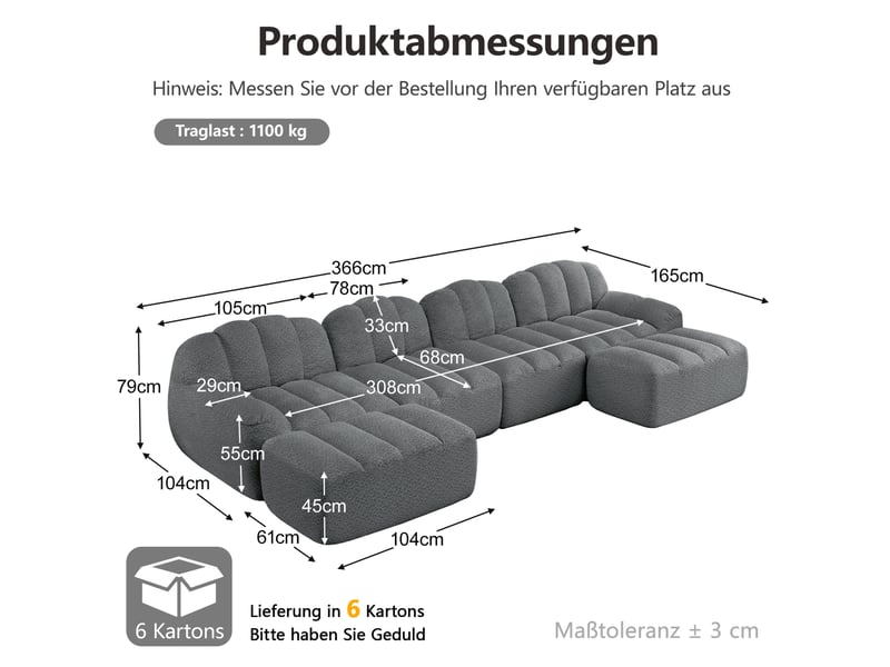 Canapé modulable 4 places en u avec 2 ottomans, tissu bouclette granuleux gris - Conforama E